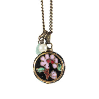 Colar Cloisonné Floral Preto Aventurina Pérola Bronze
