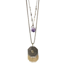 Colar Duplo Medalhão Ametista Bruta Bronze