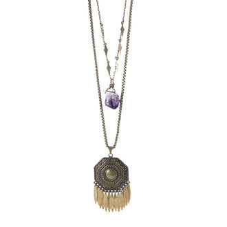 Colar Duplo Medalhão Ametista Bruta Bronze