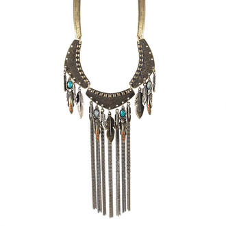 Maxi Colar Placas Franja Pena Boho Bronze