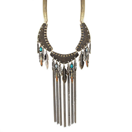 Maxi Colar Placas Franja Pena Boho Bronze