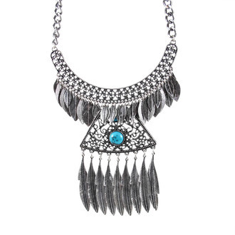 Maxi Colar Placas Pena Turquesa Boho Prateado