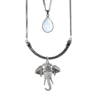 Colar Duplo Elefante Gota Branca Prateado