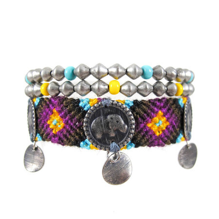 Pulseira Conjunto Elefante Medalha Turquesa Amarelo Grafite
