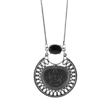 Colar Mandala Pedra Oval Preta Prateado