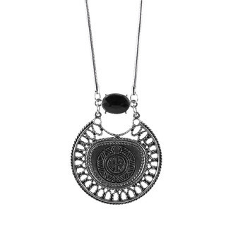 Colar Mandala Pedra Oval Preta Prateado