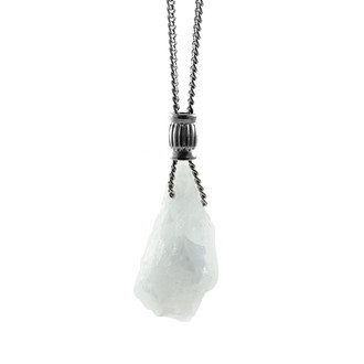 Colar Cristal Quartzo Leitoso Bruto Grande Prateado