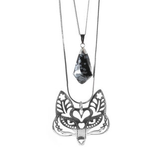 Colar Duplo Raposa Obsidiana Flocos de Neve Prateado