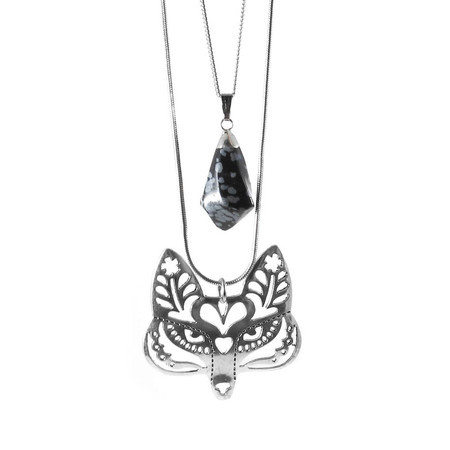 Colar Duplo Raposa Obsidiana Flocos de Neve Prateado