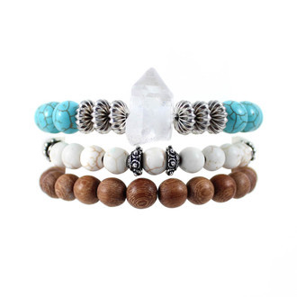 Pulseira Conjunto Quartzo Transparente Madeira Prateado