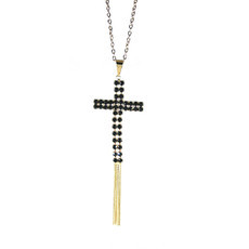 Colar Crucifixo Preto e Franjas Dourado