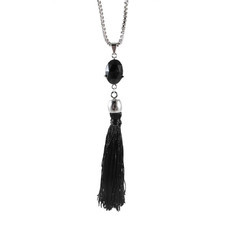 Colar Pedra Oval Tassel Prateado (mais cores)