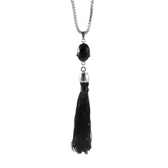 Colar Pedra Oval Tassel Prateado (mais cores)