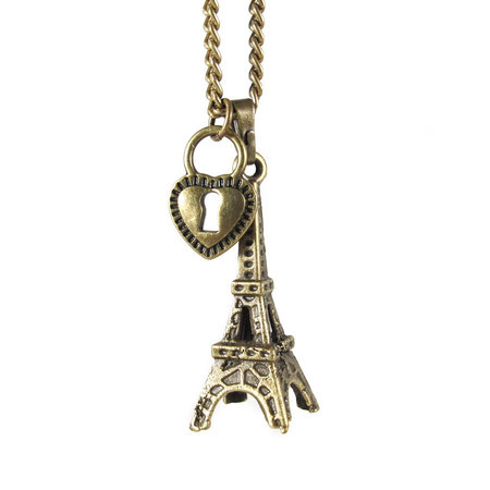 Colar Torre Eiffel Paris e Cadeado Coração Bronze