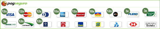 Este site aceita pagamentos com Visa, MasterCard, Diners, American Express, Hipercard, Aura, Bradesco, Itaú, Banco do Brasil, Unibanco, Banrisul, saldo em conta PagSeguro e boleto. Logotipos de meios de pagamento do PagSeguro